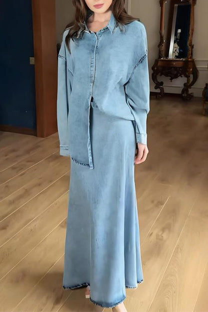 Long-sleeved tie-strap curved-hem shirt top and hip-wrapped maxi skirt two-piece set