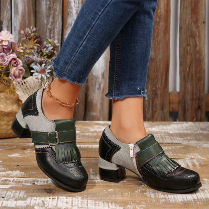 Retro contrast tassel side zipper brogues shoes