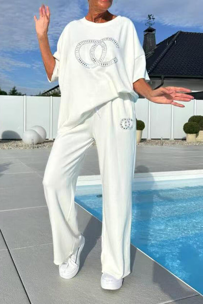 Rhinestone drop shoulder sleeve T-shirt wide-leg pants two-piece set