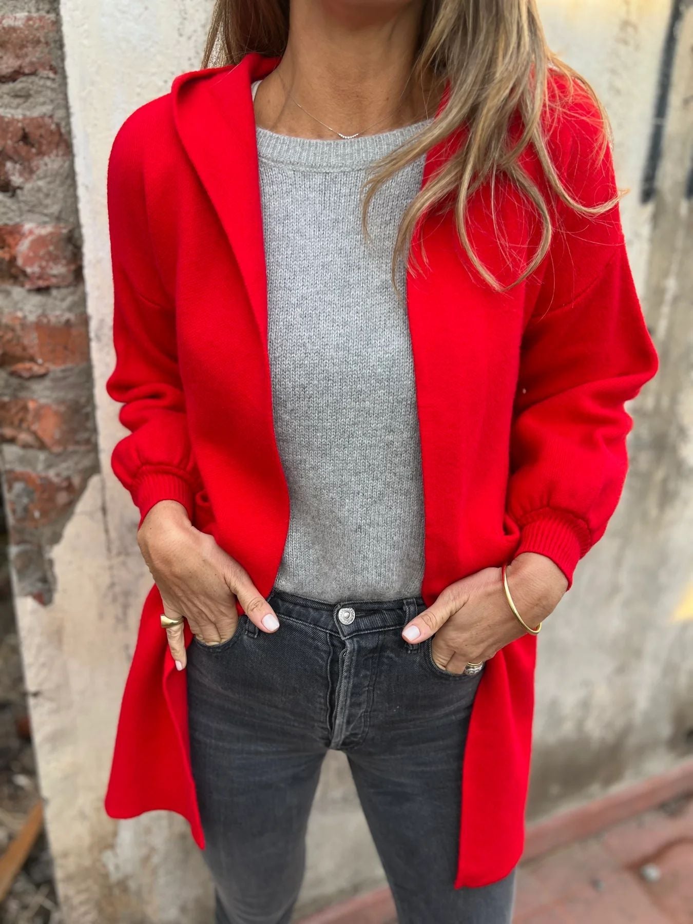 Casual woolen pocket hooded mid-length jacket