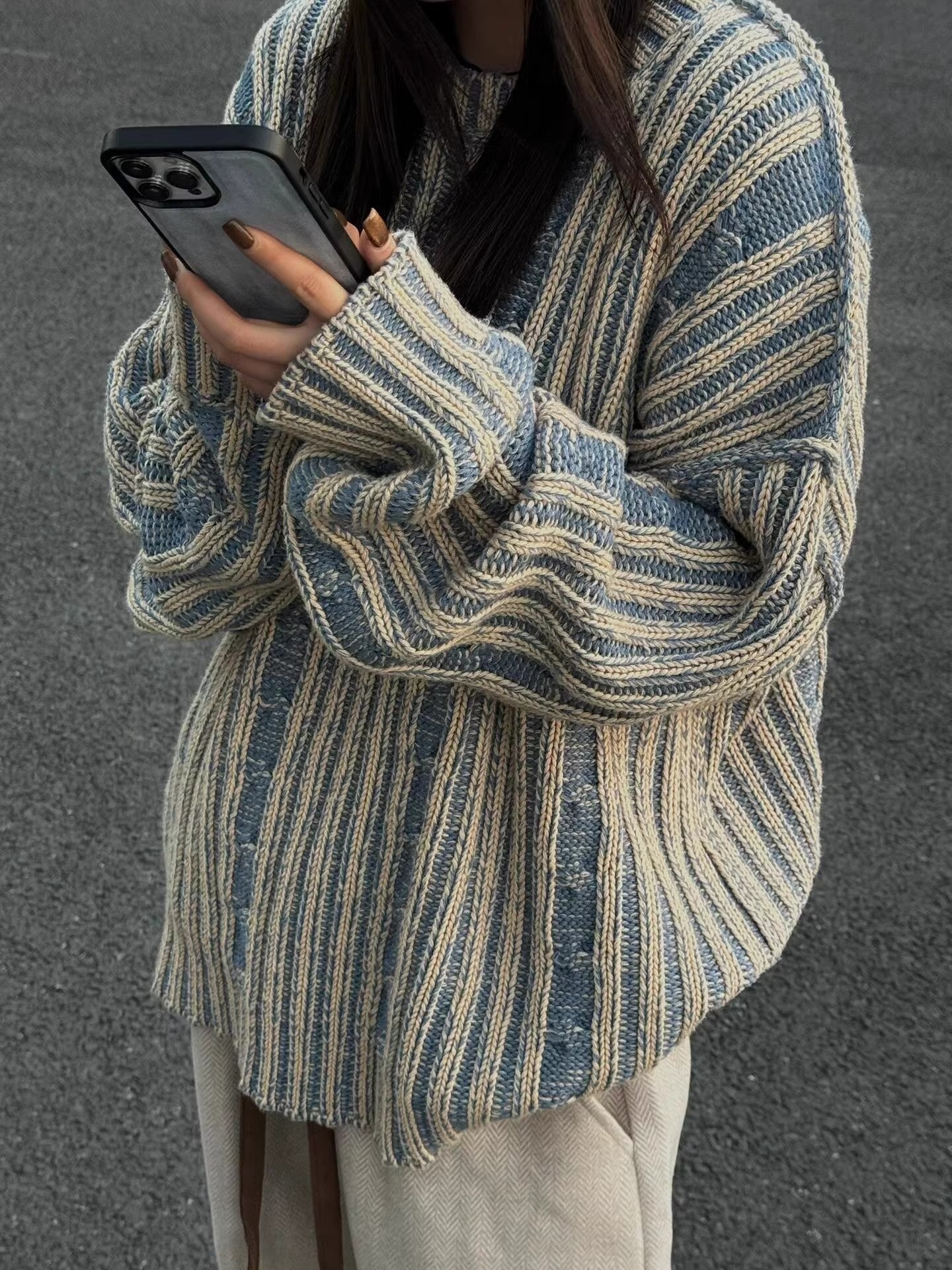 Cozy Retro Striped Contrast Loose Sweater
