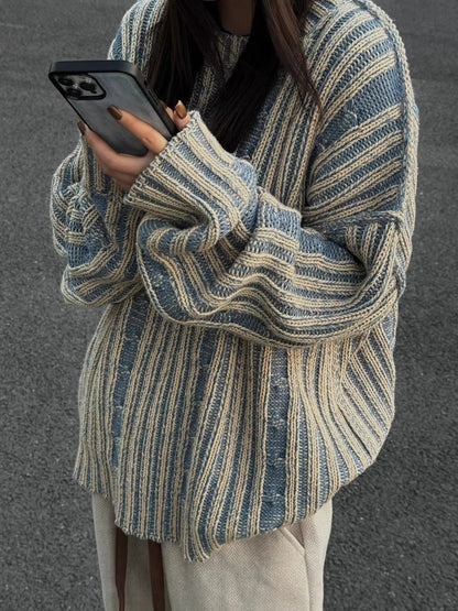 Cozy Retro Striped Contrast Loose Sweater