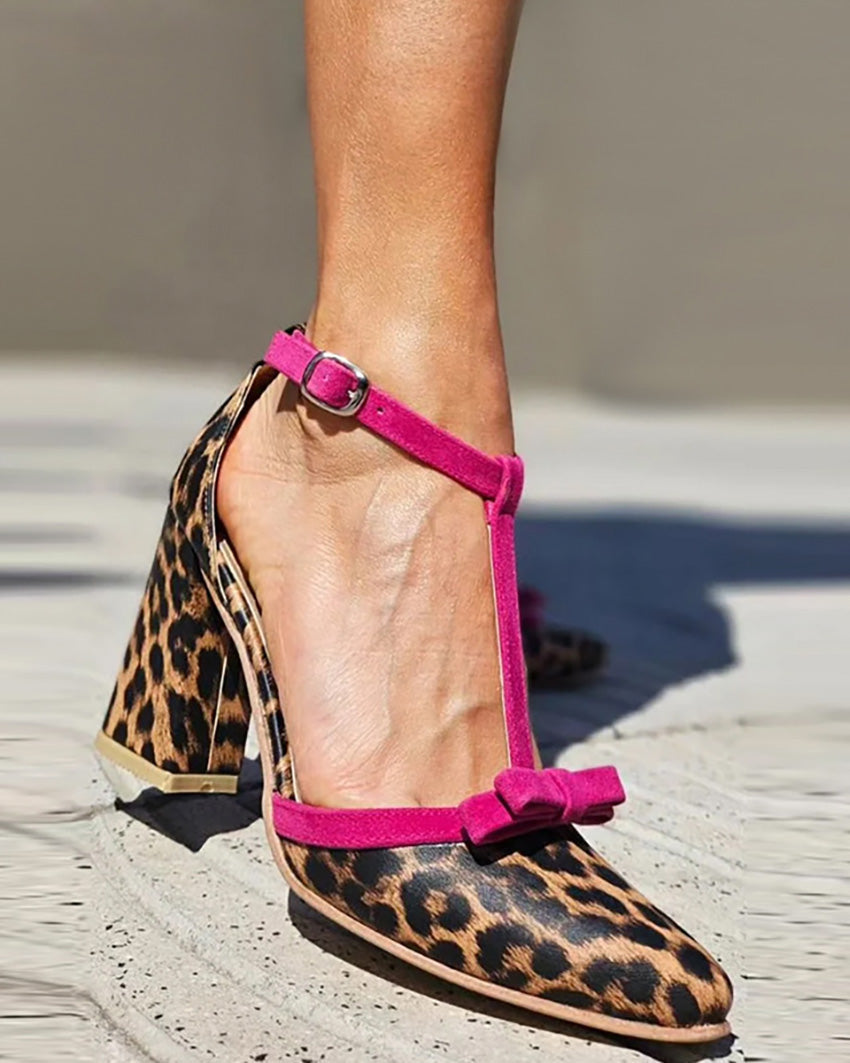 Leopard color-block bow strap high-heeled sandals