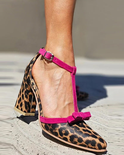 Leopard color-block bow strap high-heeled sandals