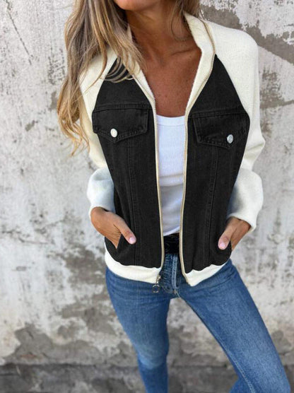 Denim knitted patchwork hooded jacket