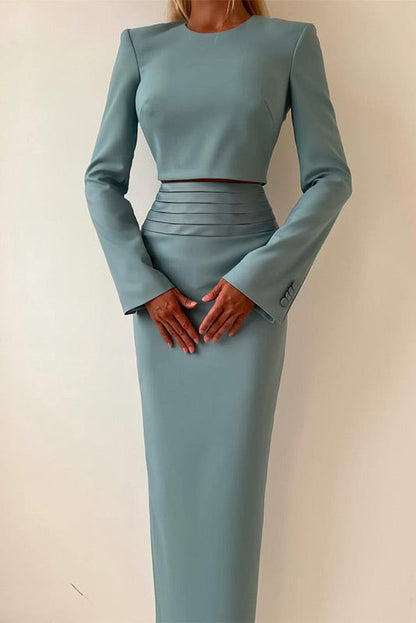 Solid Color Long Sleeve Zipper Top Slit Hip-Wrap Long Skirt Set