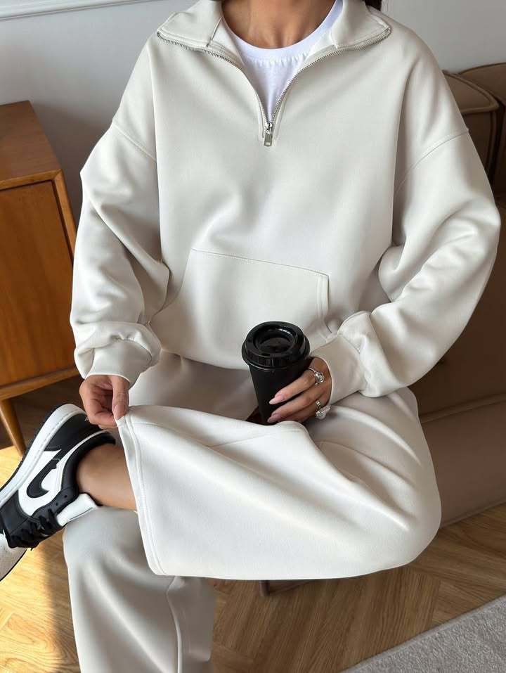 Zippered half-high collar pullover sweatshirt and wide-leg pants two-piece suit