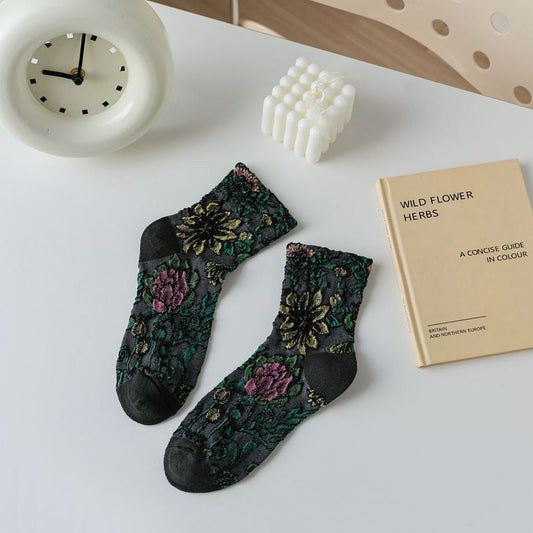 Vintage Blumen-Jacquard-Socken Dunkelgrau