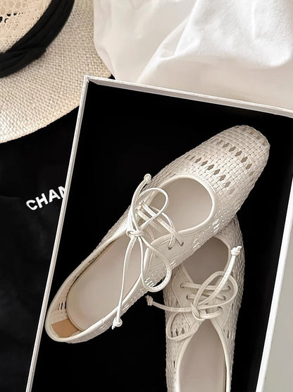 Vintage woven hollow lace-up square toe chunky heel Mary Jane shoes