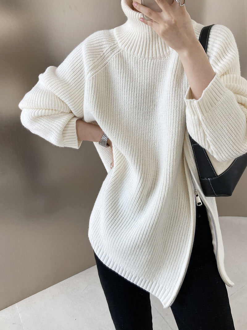 Turtleneck side zip solid color knit sweater