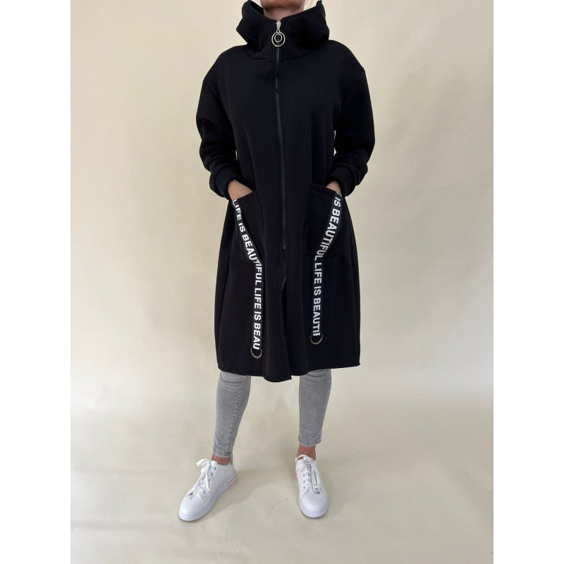 Chic pockets design High collar Long hooded sweatshirt jacket