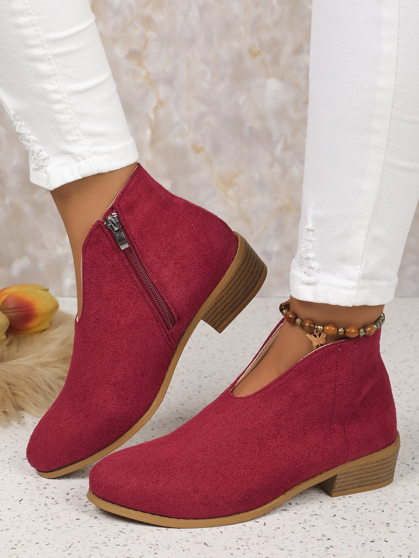 Side zipper round toe suede square heel ankle boots