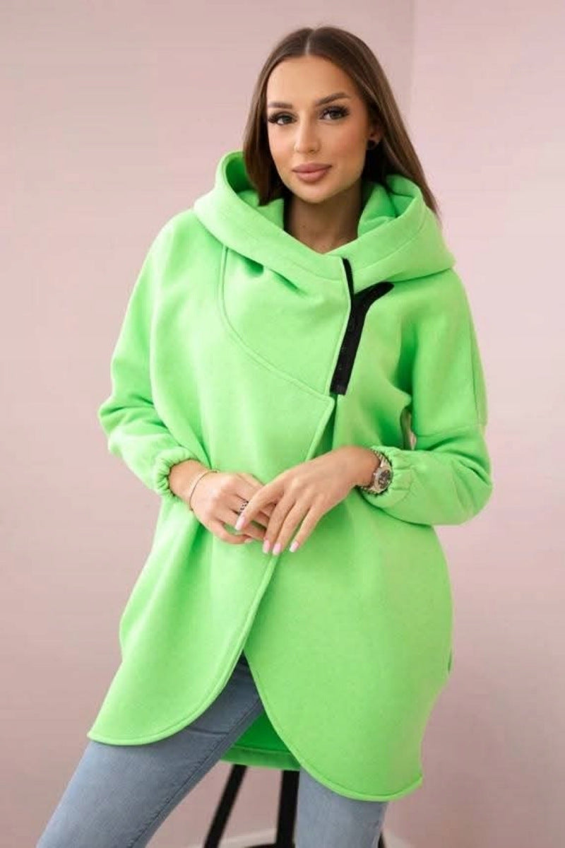 Chic Asymmetric zip-up hooded fleece sweatshirt jacket