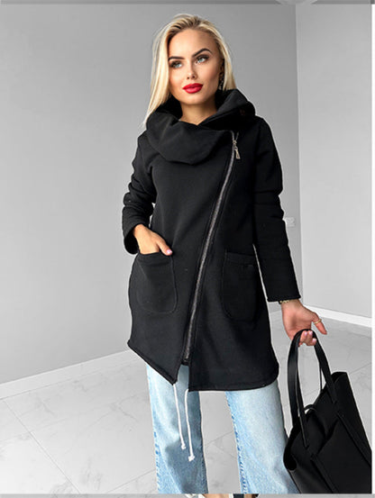 Oblique zipper Lapel Mid-length fleece sweatshirt jacket