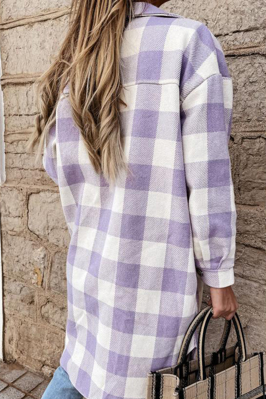 Long lapel single-breasted plaid shirt jacket