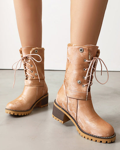 Two-way lace-up thick-heeled warm furry low boots