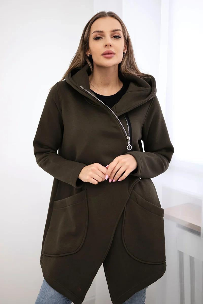 Asymmetric zip-up hooded mid-length fleece sweatshirt jacket