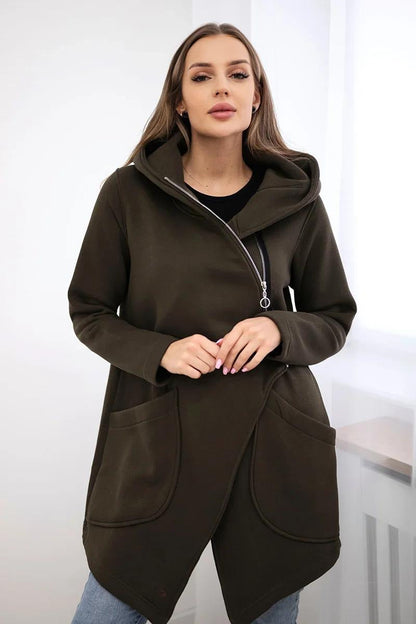 Asymmetric zip-up hooded mid-length fleece sweatshirt jacket