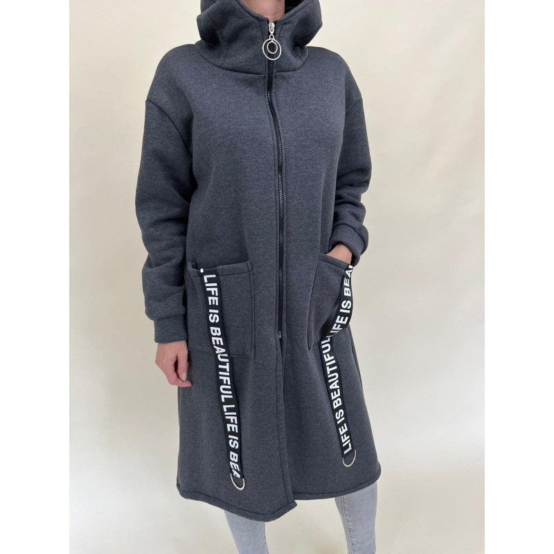 Chic pockets design High collar Long hooded sweatshirt jacket