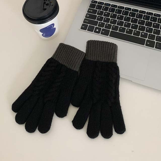 Warme Kabelstrick-Handschuhe Schwarz