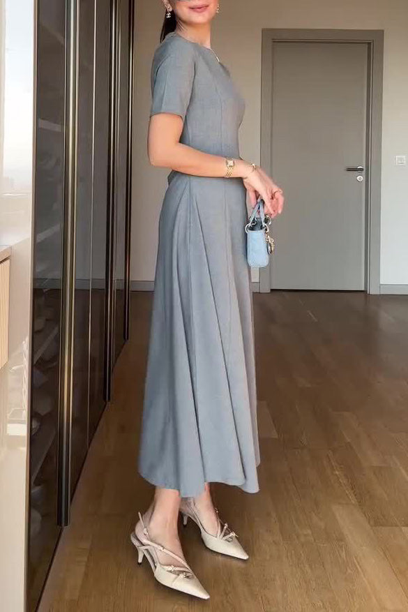 Temperament solid color waist loose hem midi dress