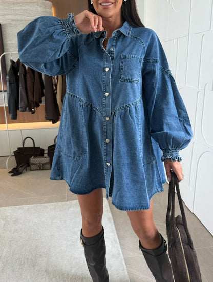 Button-Down Lantern Sleeve Denim Shirt Dress