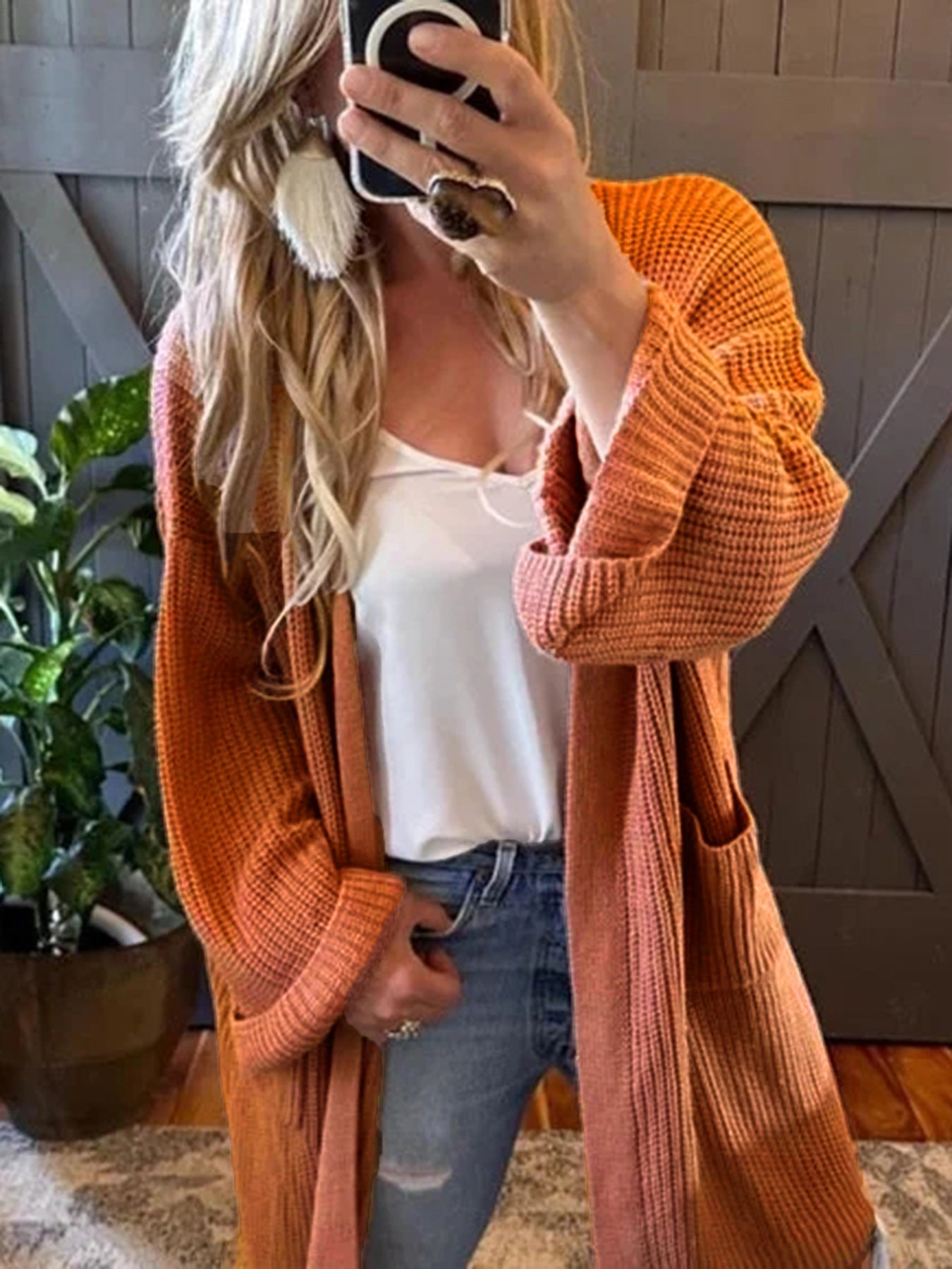 Orange loose knitted cardigan long coat