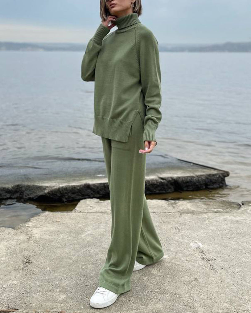 Solid color turtleneck knitted sweater and wide-leg trousers two-piece suit