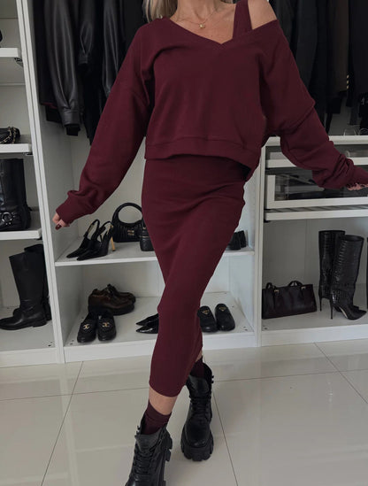 Solid Color V-Neck Long Sleeve Sweatshirt Suspender Slim Maxi Dress Two Piece Set