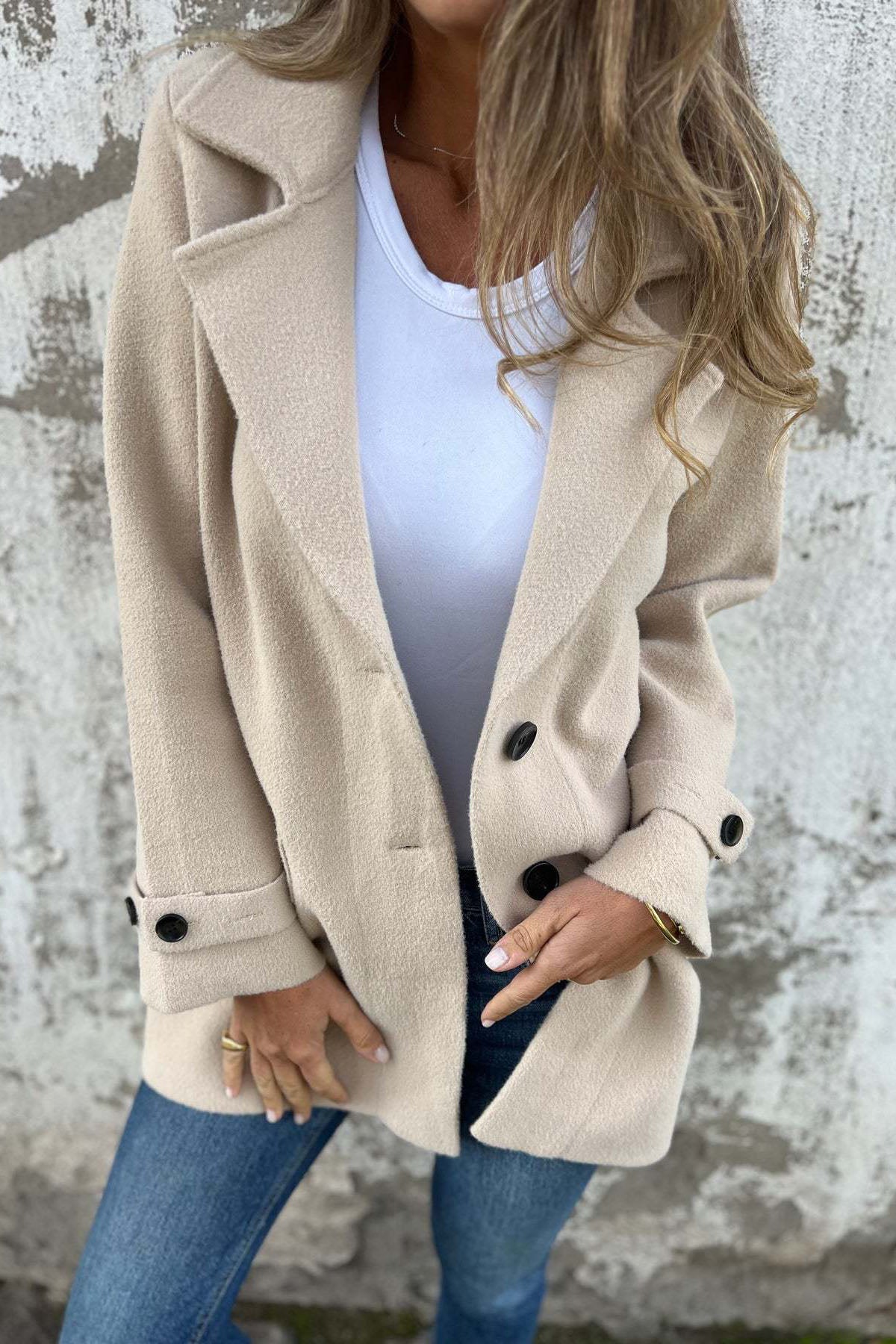 Manteau cardigan en laine avec fausse poche et revers ample