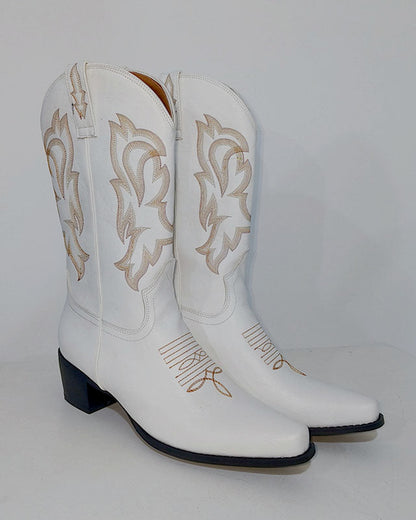 Pointed toe embroidery mid-heel western boots