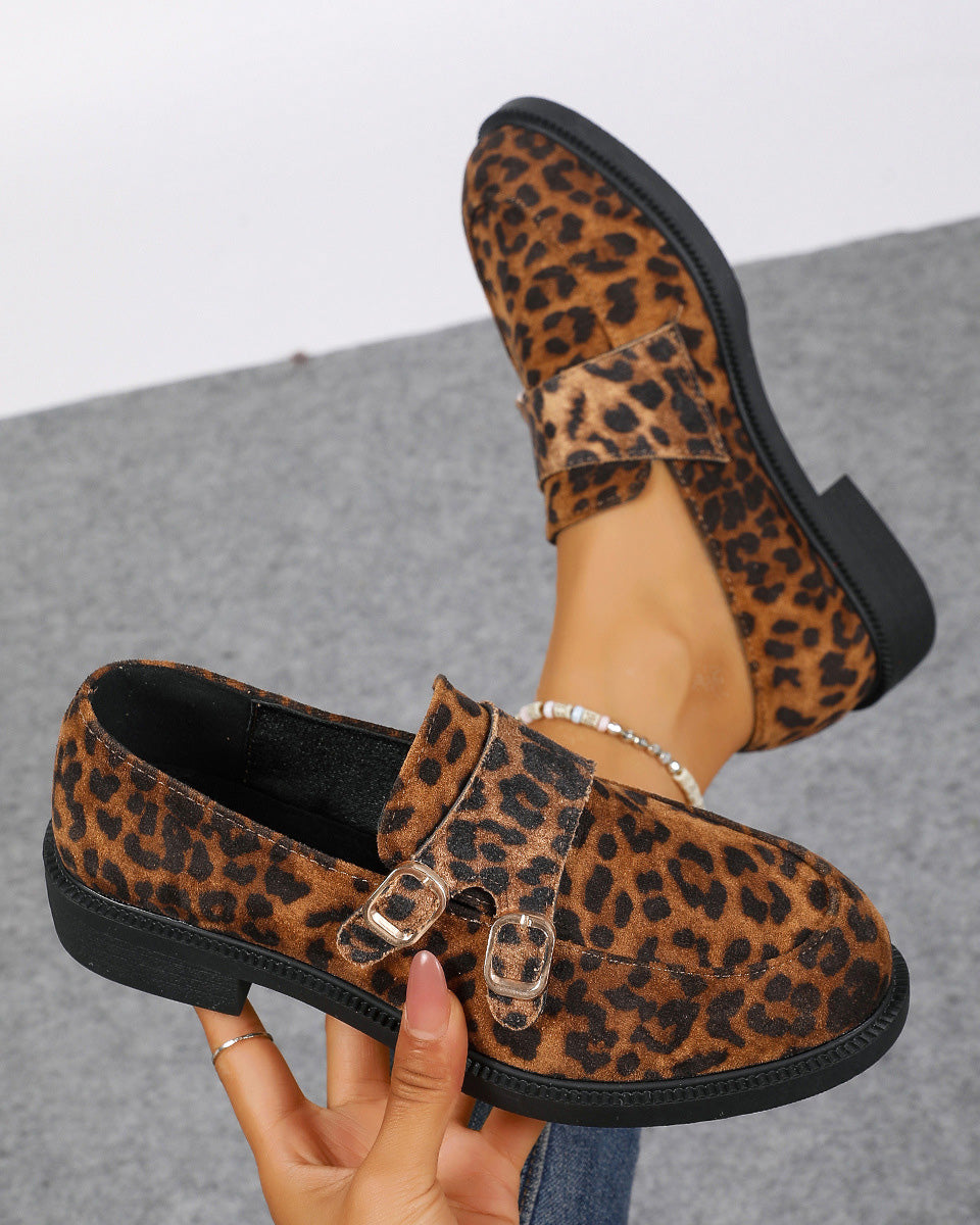 Buckled low-heeled British-style leopard-print loafers