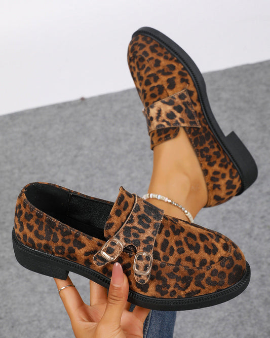 Buckled low-heeled British-style leopard-print loafers