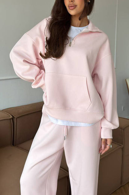 Zippered half-high collar pullover sweatshirt and wide-leg pants two-piece suit