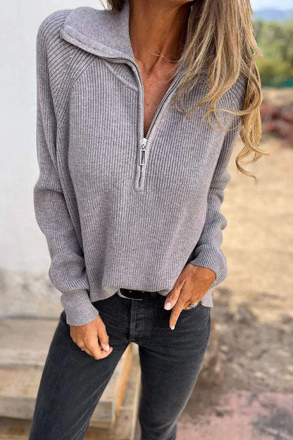 Solid Color Long Sleeve Knit Zipper Pullover Sweater