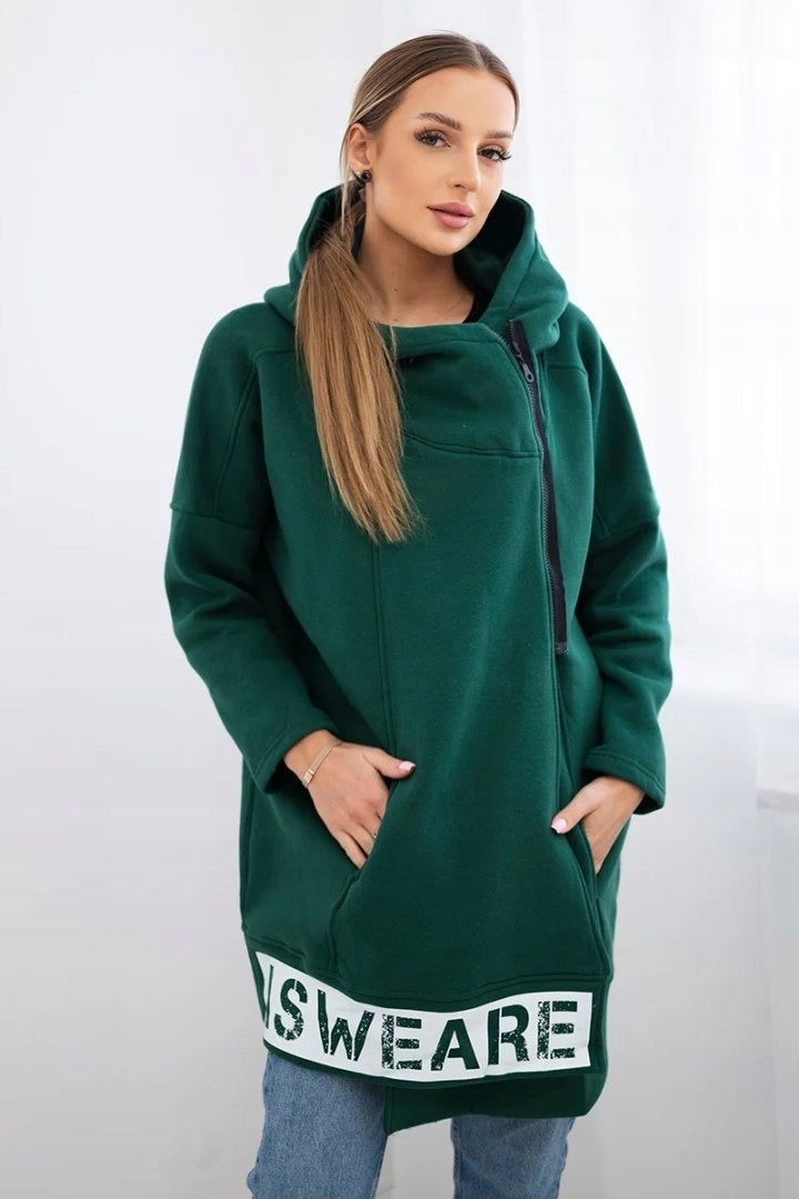 Diagonal zipper Printed logo Loose mid-length hooded fleece jacket