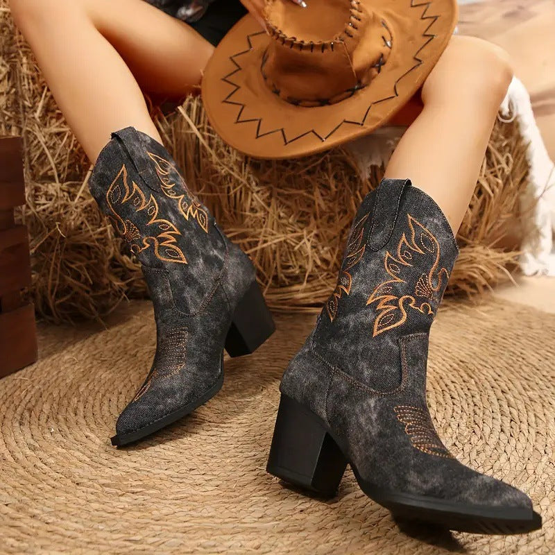 Western cowboy pointed toe slip-on chunky heel ankle boots