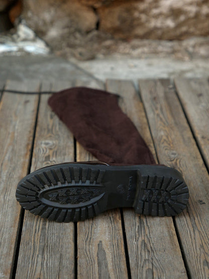 Suede stretch fabric paneling lace-up back knee-high boots