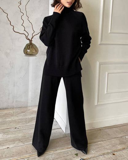 Solid color turtleneck knitted sweater and wide-leg trousers two-piece suit