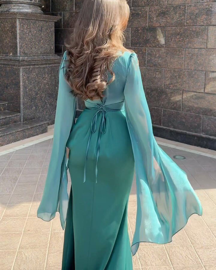 Mesh flared sleeves satin long slim dress