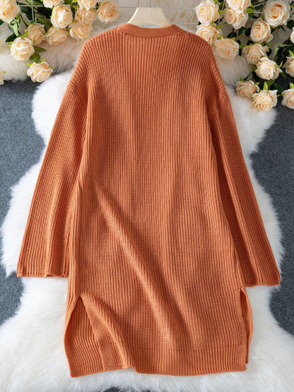 Orange loose knitted cardigan long coat