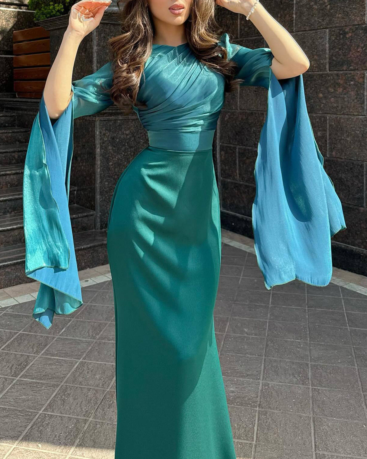 Mesh flared sleeves satin long slim dress
