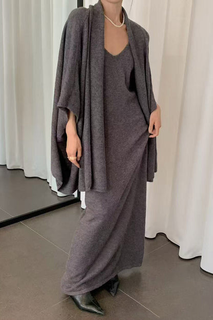 Knitted shawl coat and suspender dress two-piece suit