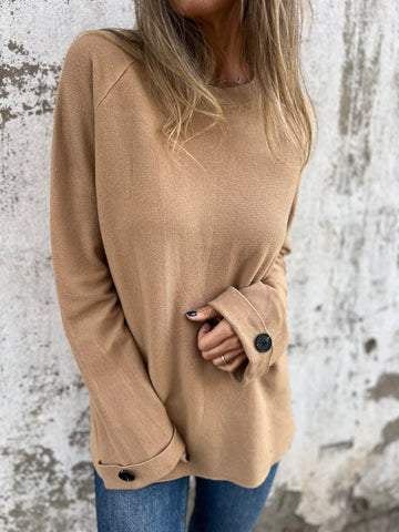 Loose solid color long-sleeved button cuffs top