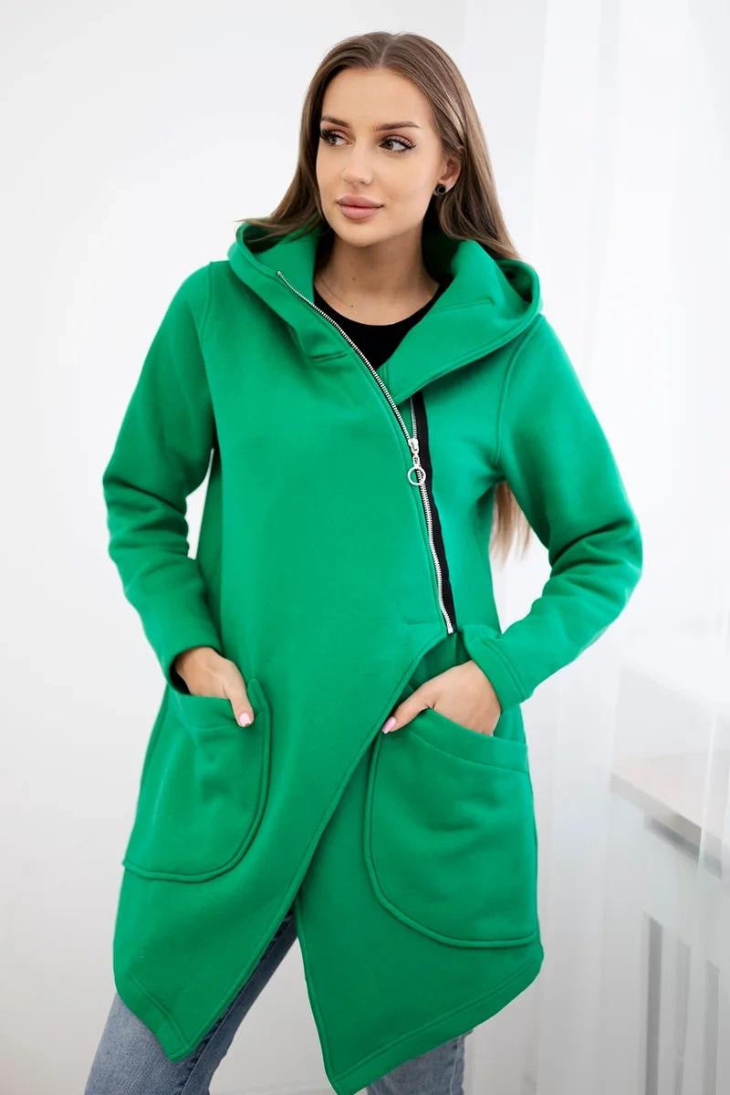 Asymmetric zip-up hooded mid-length fleece sweatshirt jacket