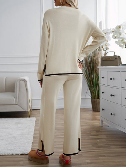 Contrasting trim Solid color knitted sweater and pants set