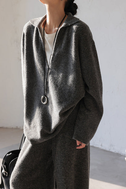 Thickened V-neck loose knitted sweater wide-leg pants two-piece set