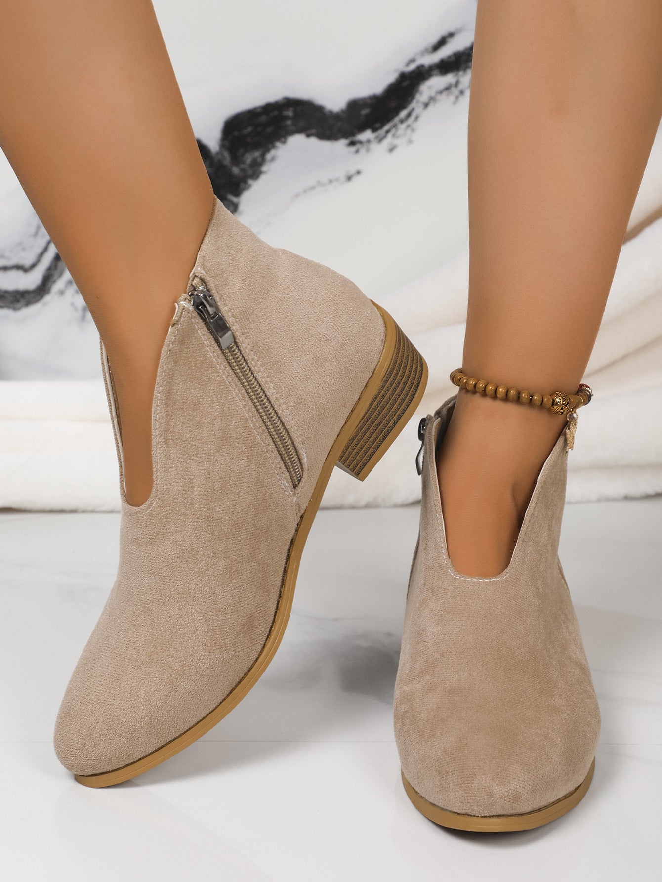 Side zipper round toe suede square heel ankle boots