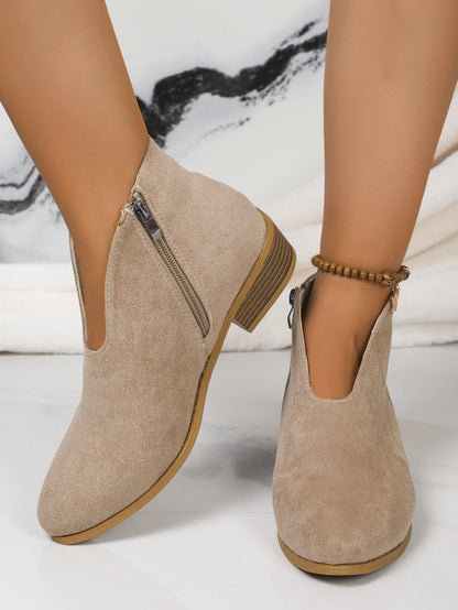 Side zipper round toe suede square heel ankle boots