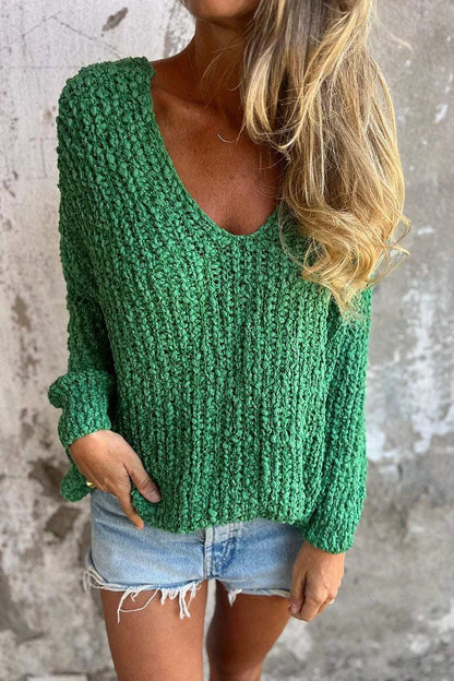 Chunky knitted V-neck cozy long-sleeved sweater